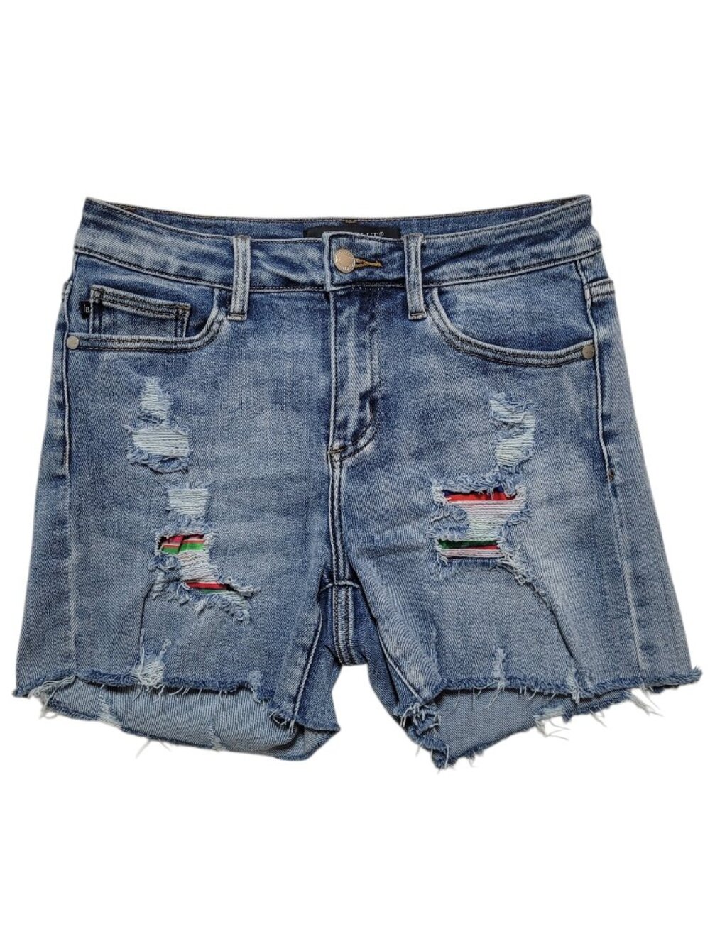 Judy Blue Mid Rise Patch Distressed Denim Shorts Stretchy Raw Hem Small Western